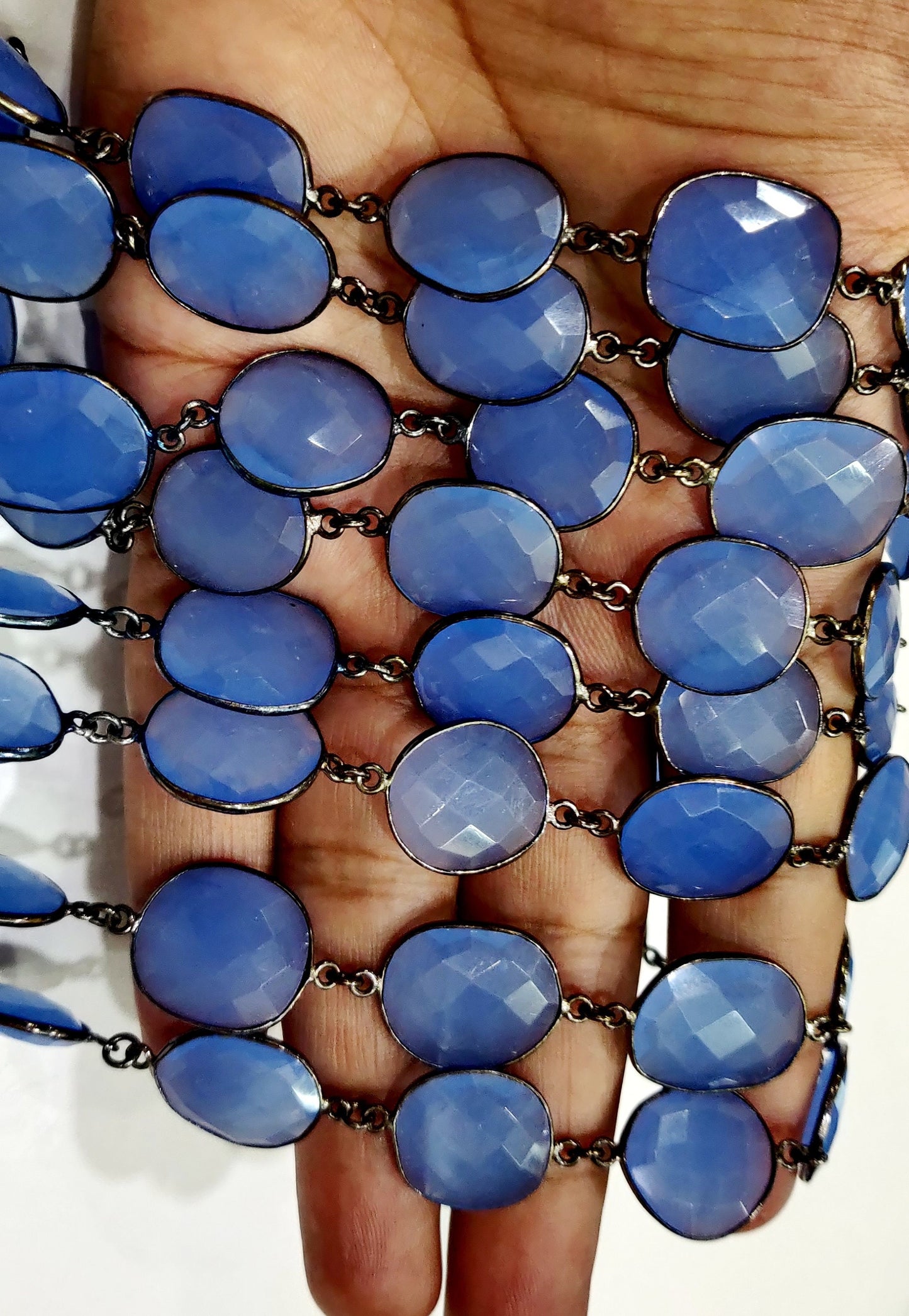 Blue Chalcedony Free Shape 12 to 16mm Briolette Faceted Connector Link Chain Sold Per Foot Wholesale Prices Jewelry making chain