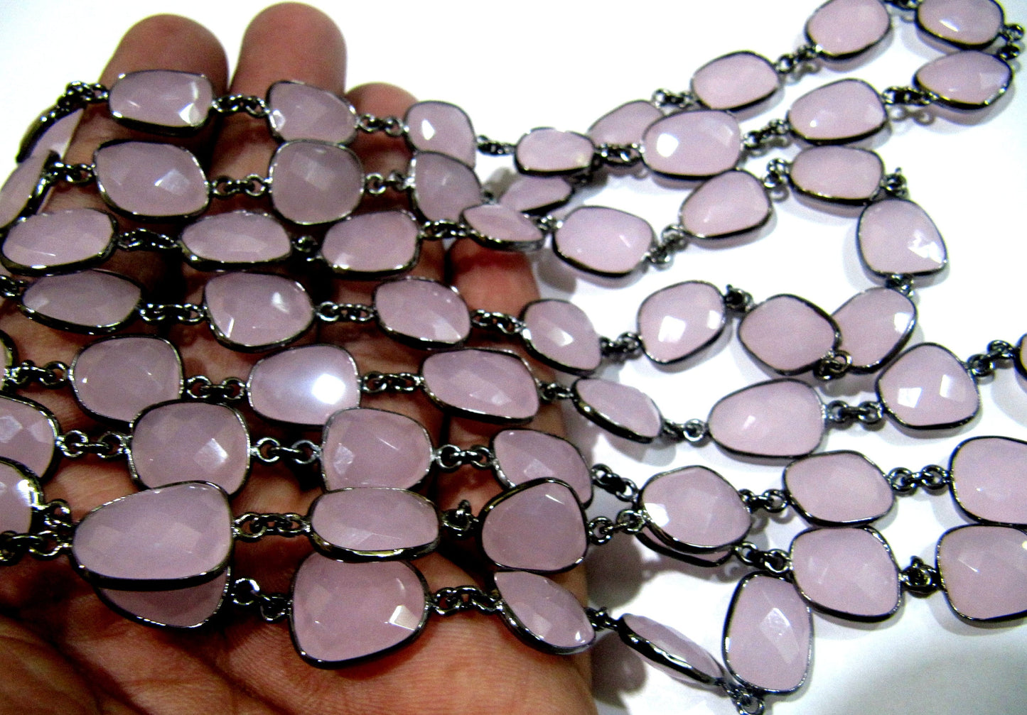 Pink Chalcedony Rose Quartz color Uneven Free Shape Briolette Bezel Connector Chain Size 12to 15mm Sold Per Foot Wholesale  Link Chain