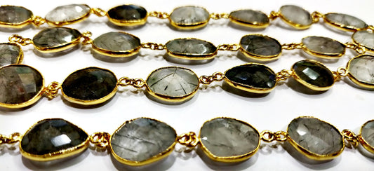 Black Rutilated Quartz Briolette Faceted Uneven Free Shape Size 10 to 15mm Bezel Connector Chain Sold Per Foot High quality