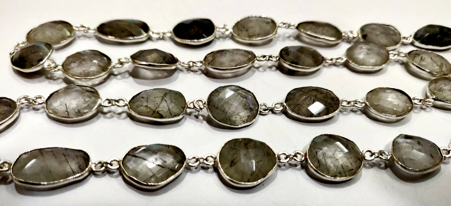 Black Rutilated Quartz Briolette Faceted Uneven Free Shape Size 10 to 15mm Bezel Connector Chain Sold Per Foot High quality