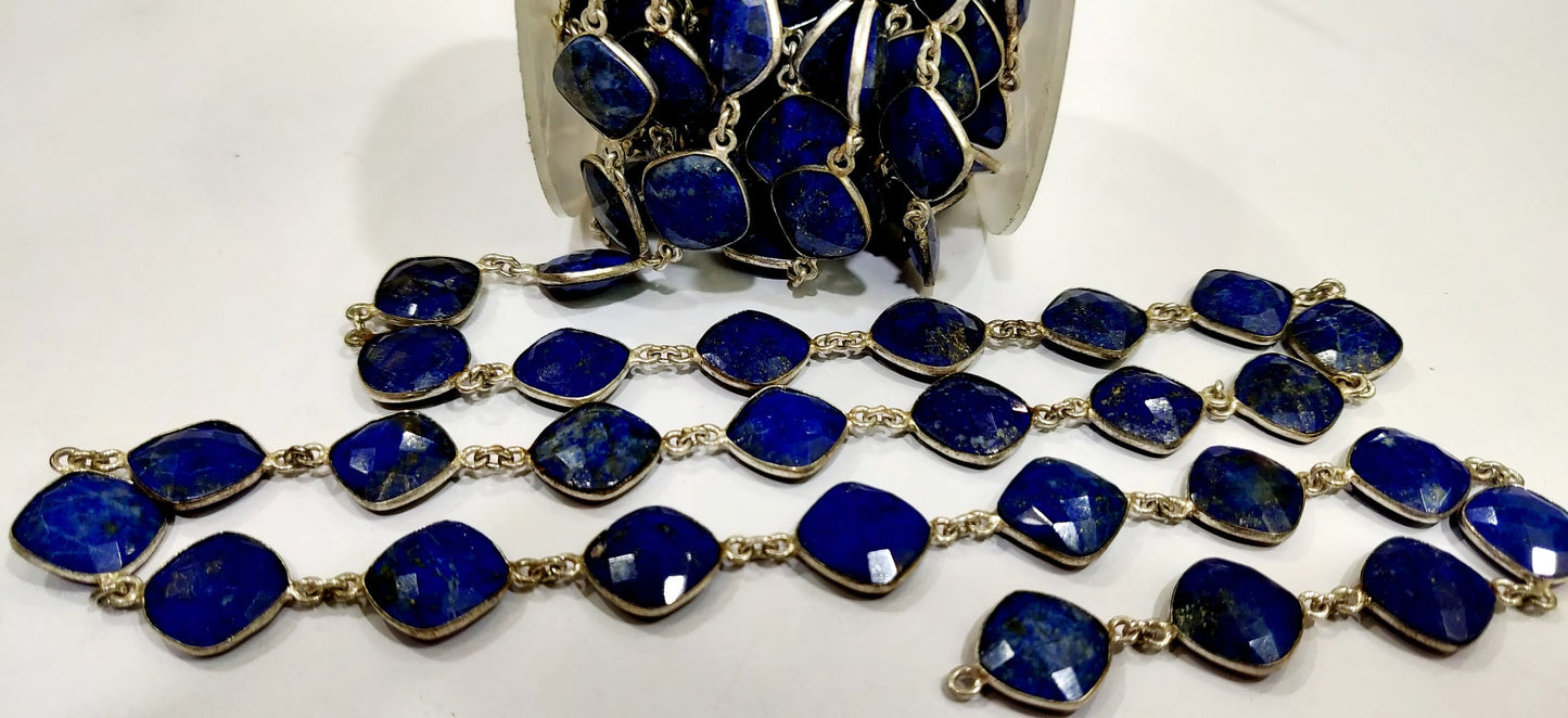 Lapis Lazuli  Briolette Faceted Cushion Shape Size 12 to 13mm Bezel Connector Link Chain Sold Per Foot Jewelry Making Gemstone Chain