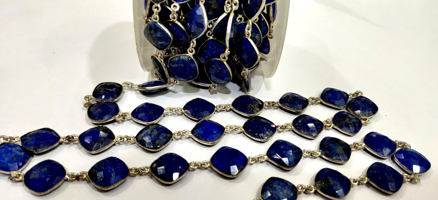 Lapis Lazuli  Briolette Faceted Cushion Shape Size 12 to 13mm Bezel Connector Link Chain Sold Per Foot Jewelry Making Gemstone Chain