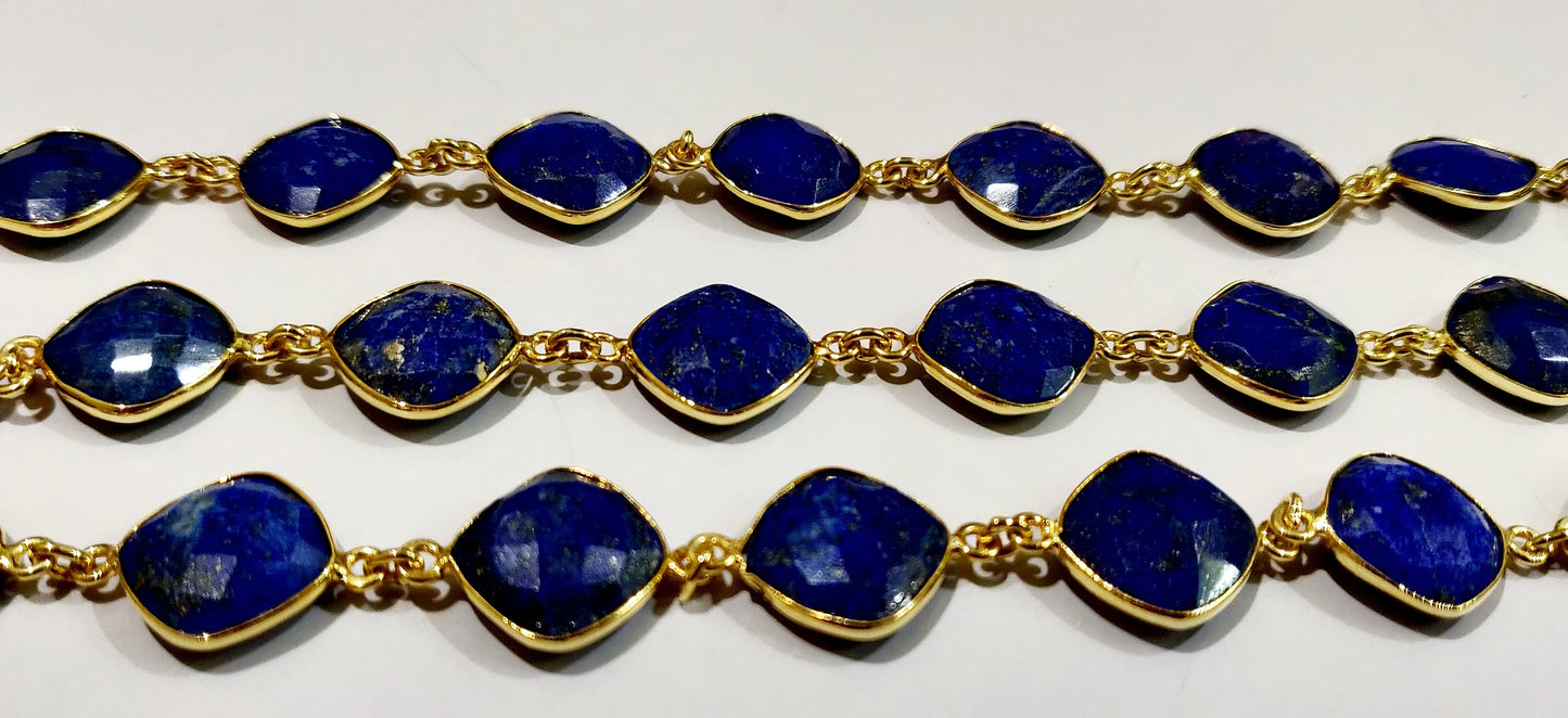 Lapis Lazuli  Briolette Faceted Cushion Shape Size 12 to 13mm Bezel Connector Link Chain Sold Per Foot Jewelry Making Gemstone Chain