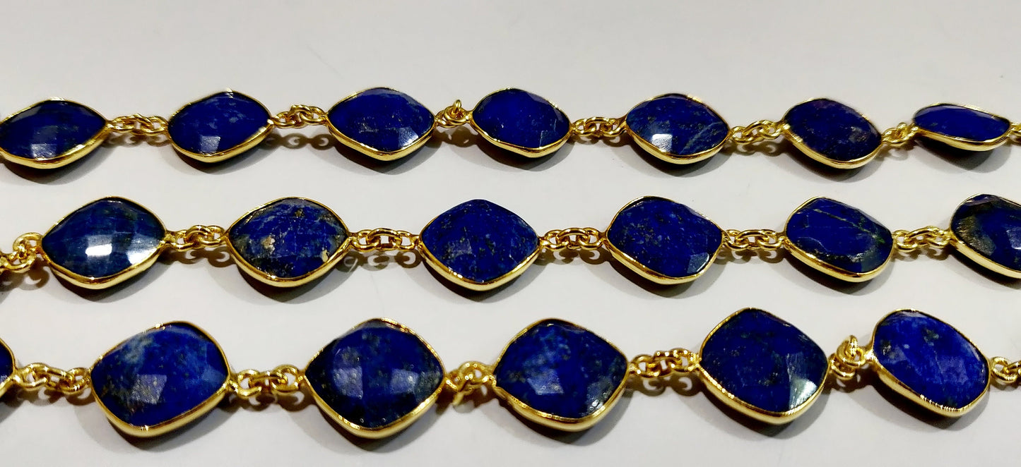 Lapis Lazuli  Briolette Faceted Cushion Shape Size 12 to 13mm Bezel Connector Link Chain Sold Per Foot Jewelry Making Gemstone Chain