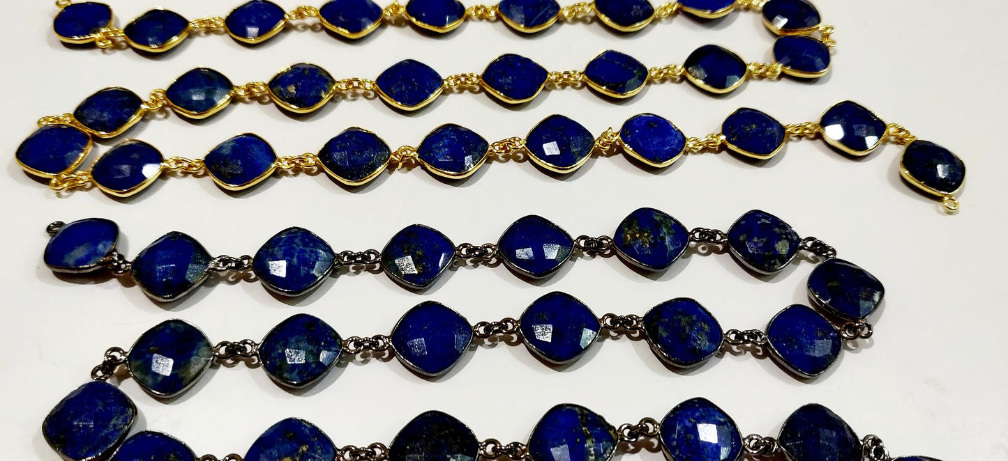 Lapis Lazuli  Briolette Faceted Cushion Shape Size 12 to 13mm Bezel Connector Link Chain Sold Per Foot Jewelry Making Gemstone Chain