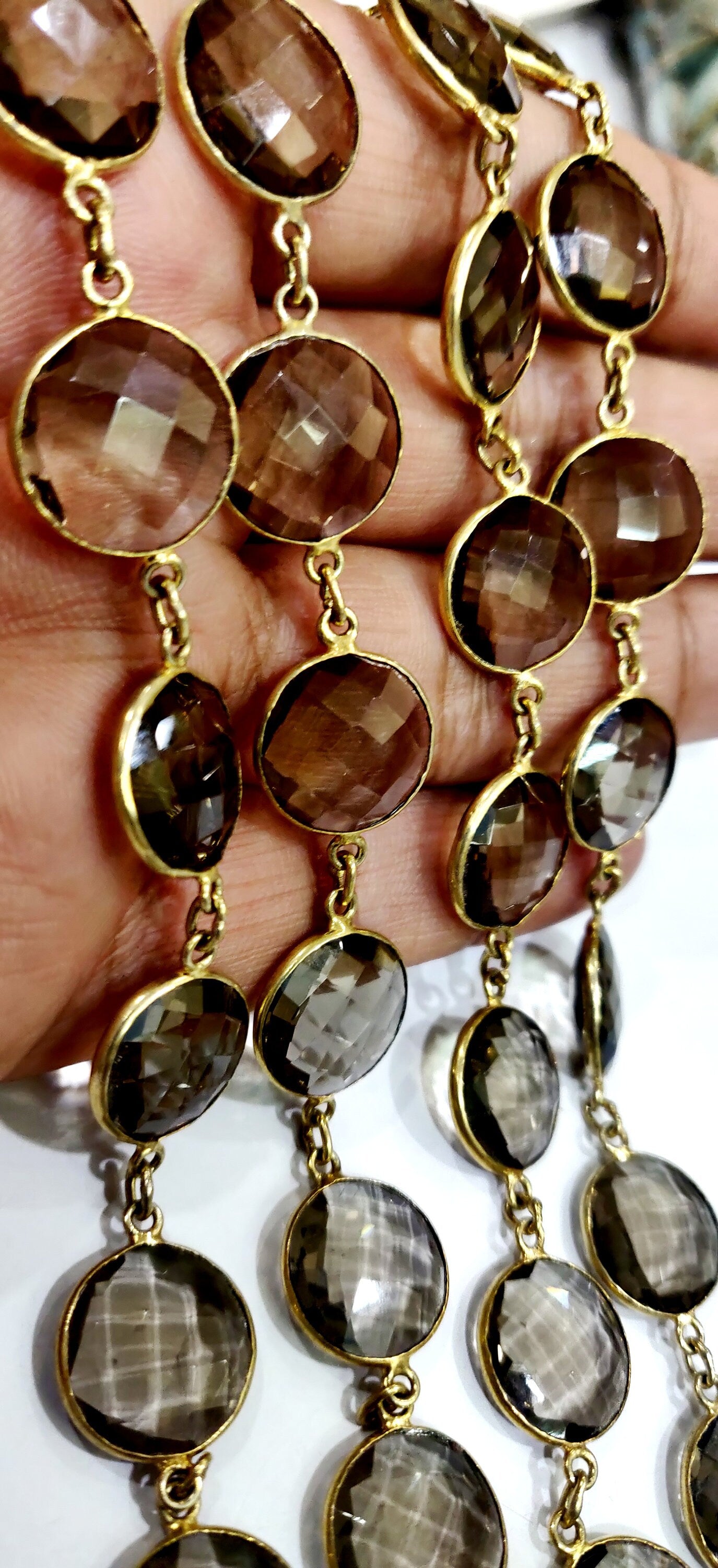 Natural Smoky Quartz  Briolette Faceted Round Coin Shape 14mm to 15mm Bezel Connector Link Chain Sold Per Foot Jewelry making Handmade chain