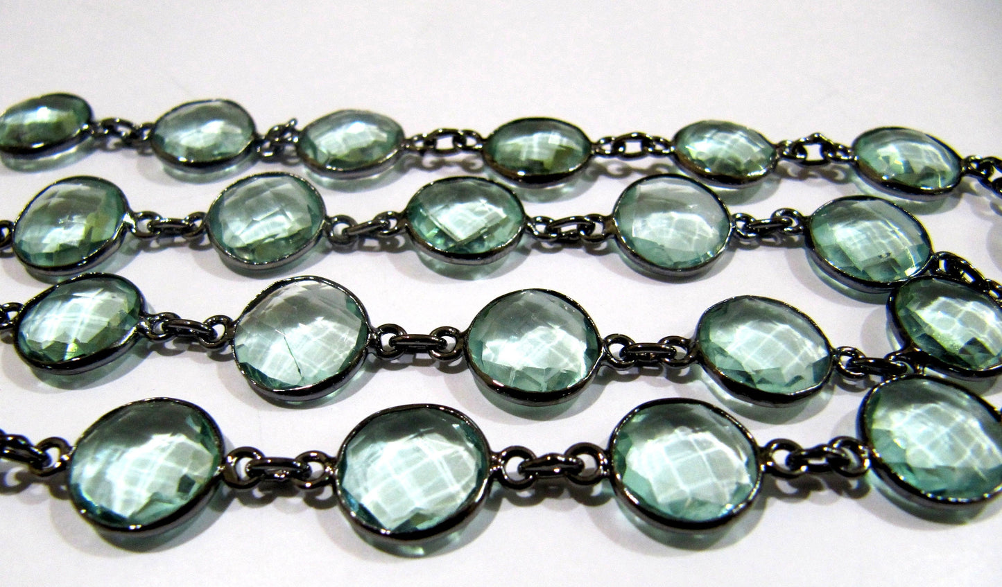 Green Amethyst Quartz  Briolette Faceted Round Coin Shape 11mm to 12mm Bezel Connector Link Chain Sold Per Foot Jewelry making chain