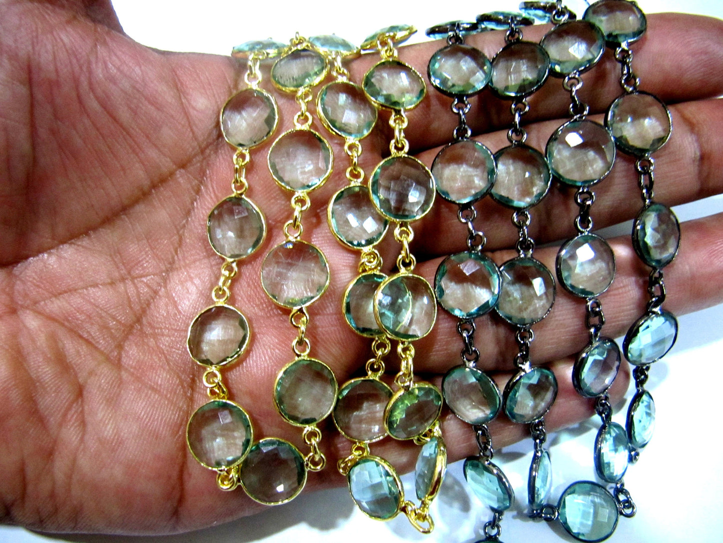 Green Amethyst Quartz  Briolette Faceted Round Coin Shape 11mm to 12mm Bezel Connector Link Chain Sold Per Foot Jewelry making chain