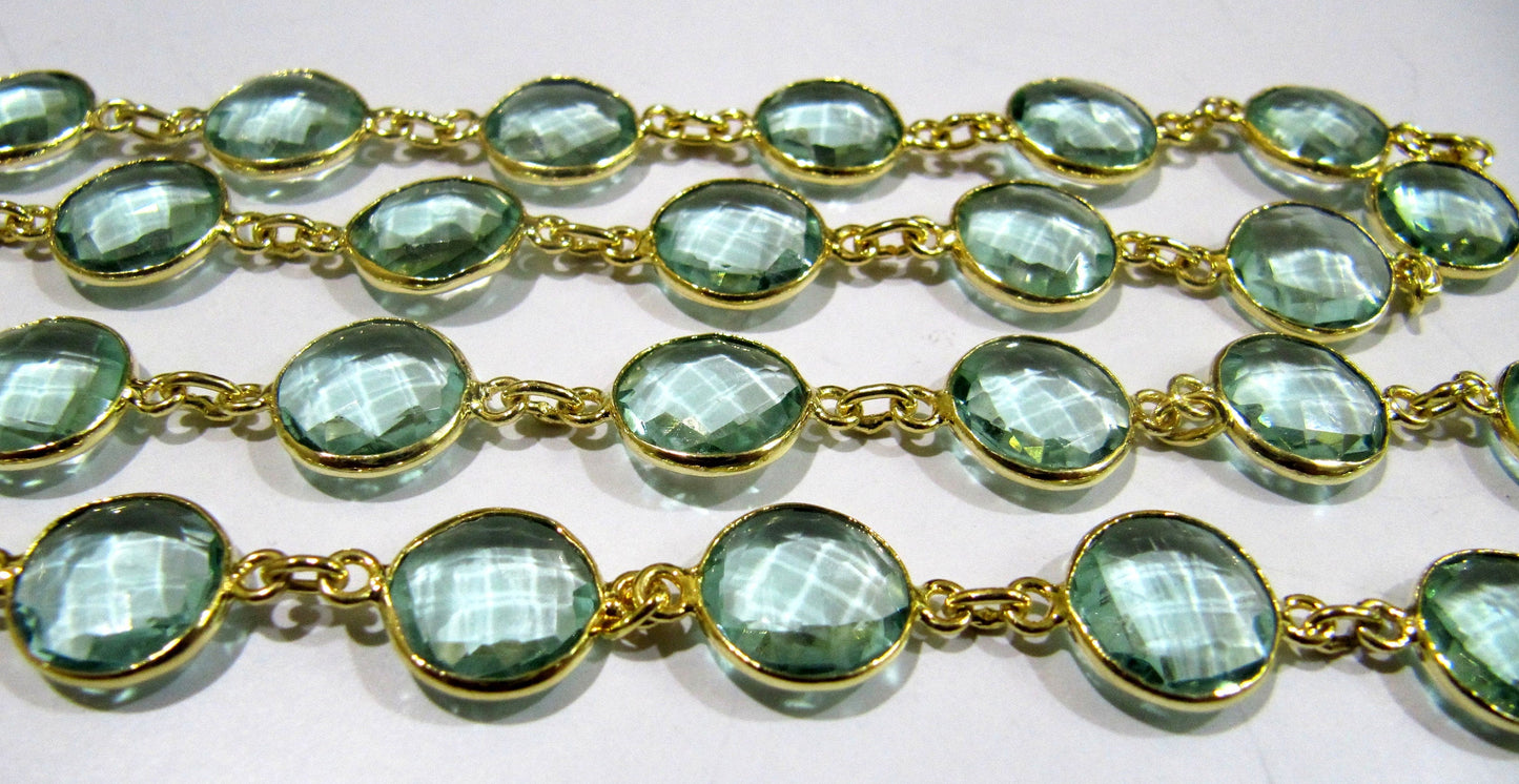 Green Amethyst Quartz  Briolette Faceted Round Coin Shape 11mm to 12mm Bezel Connector Link Chain Sold Per Foot Jewelry making chain