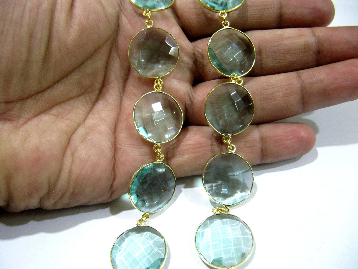 Green Amethyst Quartz  Briolette Faceted Round Coin Shape 20mm Bezel Connector Link Chain Sold Per Foot Jewelry making chain