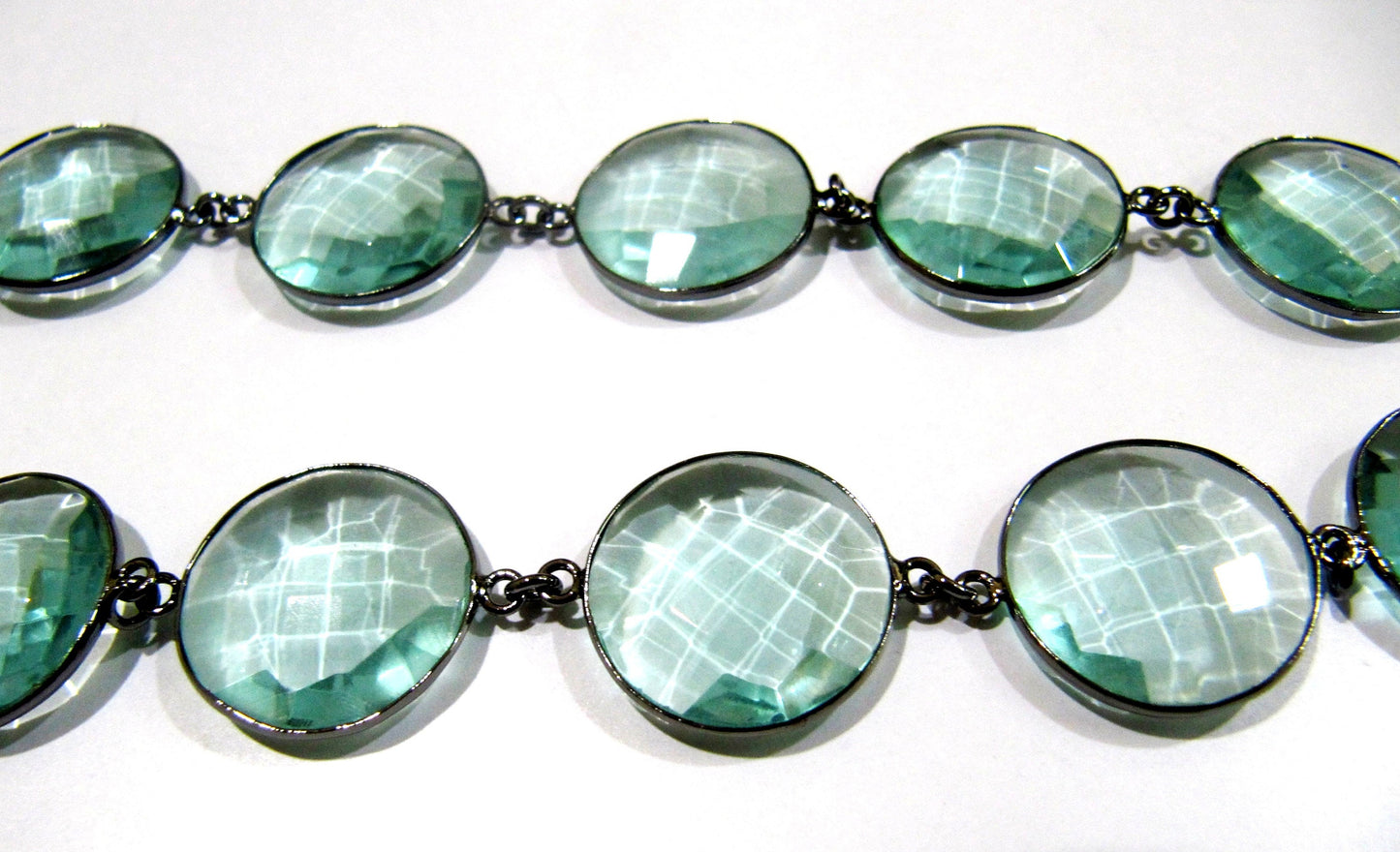 Green Amethyst Quartz  Briolette Faceted Round Coin Shape 20mm Bezel Connector Link Chain Sold Per Foot Jewelry making chain