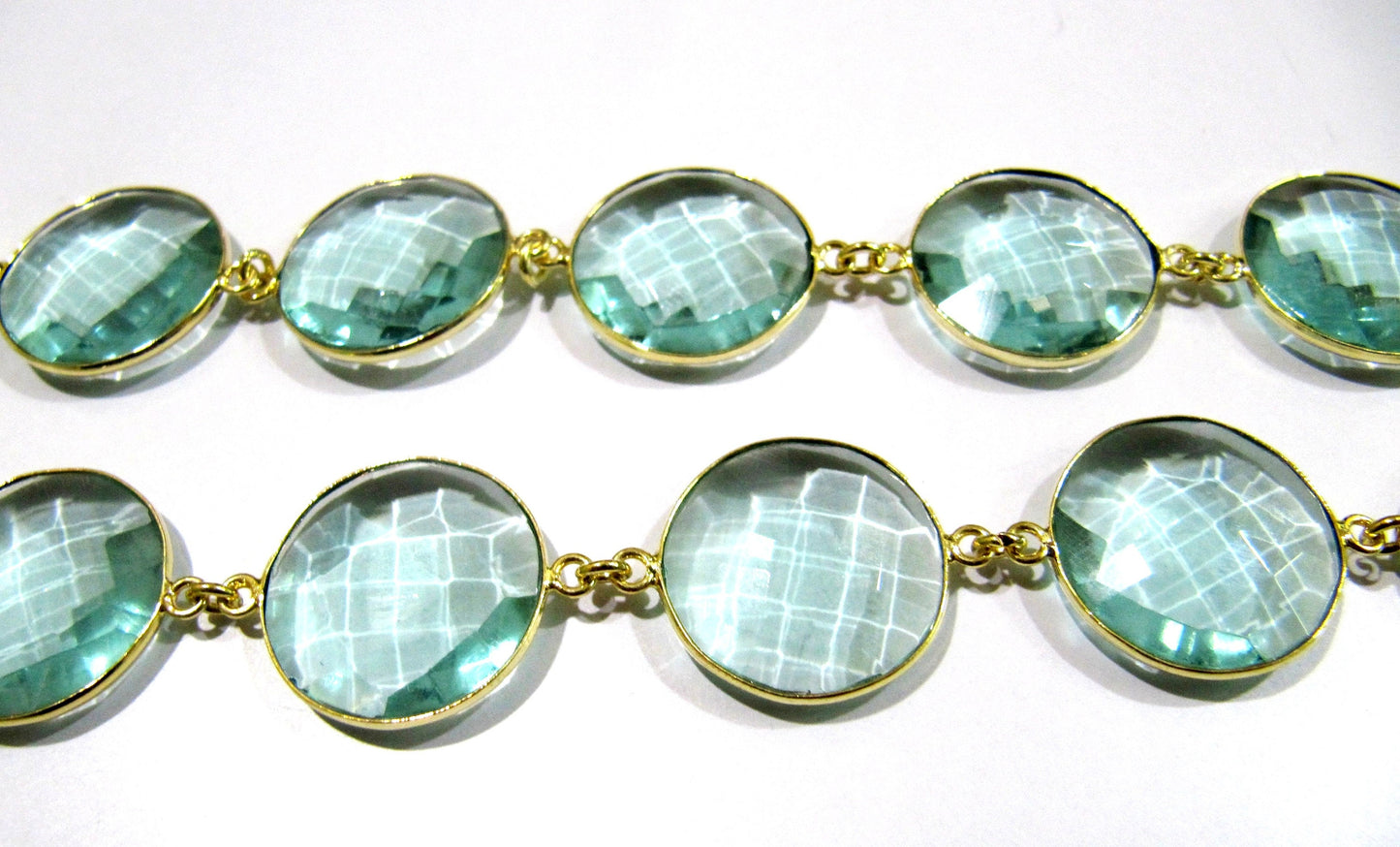 Green Amethyst Quartz  Briolette Faceted Round Coin Shape 20mm Bezel Connector Link Chain Sold Per Foot Jewelry making chain