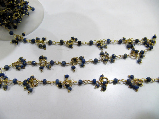 Natural Lapis lazuli  Gemstone Beaded Flower Chain Rondelle faceted Beads 3 to 4mm size Cluster Beaded Dangling Chain Sold per Foot