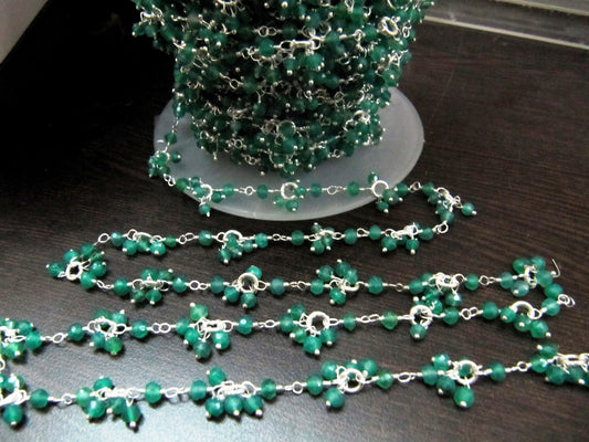 Green Onyx Flower Chain Rondelle faceted Beads 3 -4mm size Dangling Chain Semi Precious Beads Wholesale Price Cluster Beaded Chain Per foot