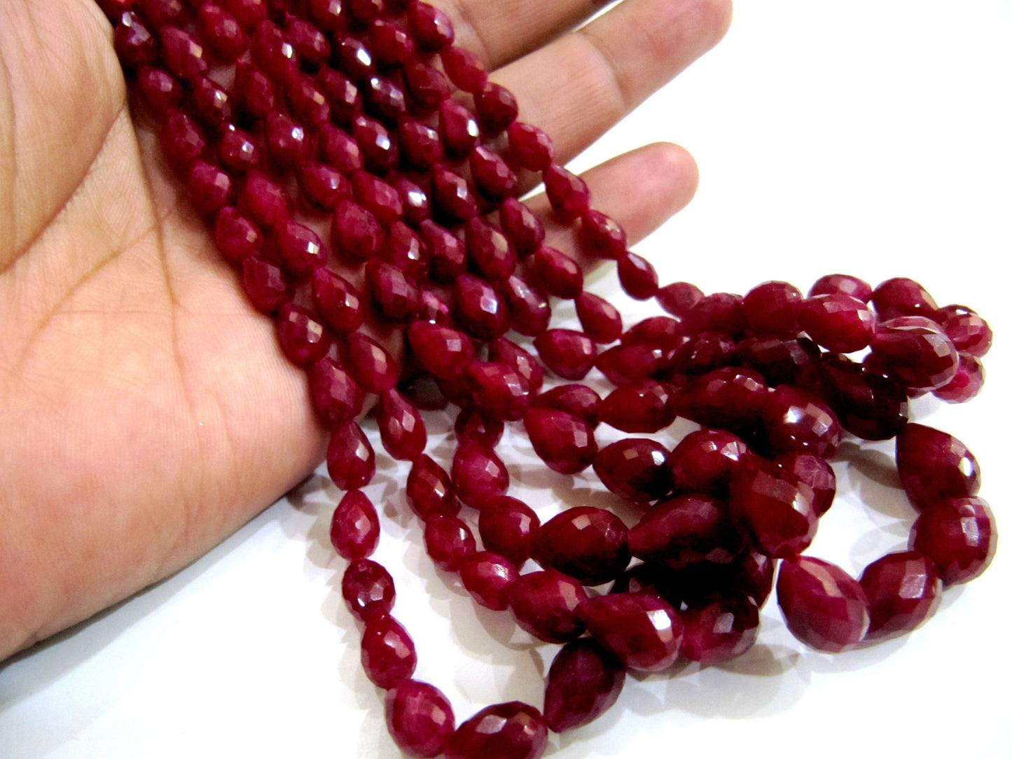 Genuine Ruby Corundum 6x8mm to 9x13mm Briolette Faceted Tear drop Shape Straight drilled Graduated Beads 8 inches long Top Quality