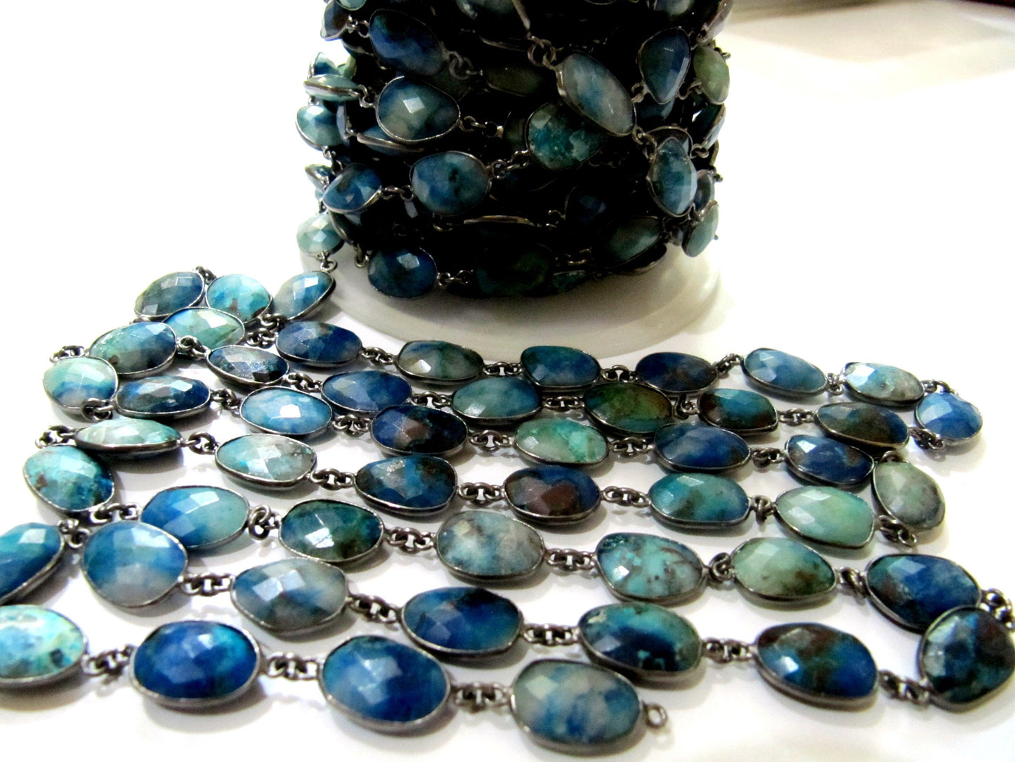 Natural Malachite Azurite Uneven Free Shape Briolette Faceted Bezel Connector Chain 10 to 15mm Sold Per Foot Wholesale price