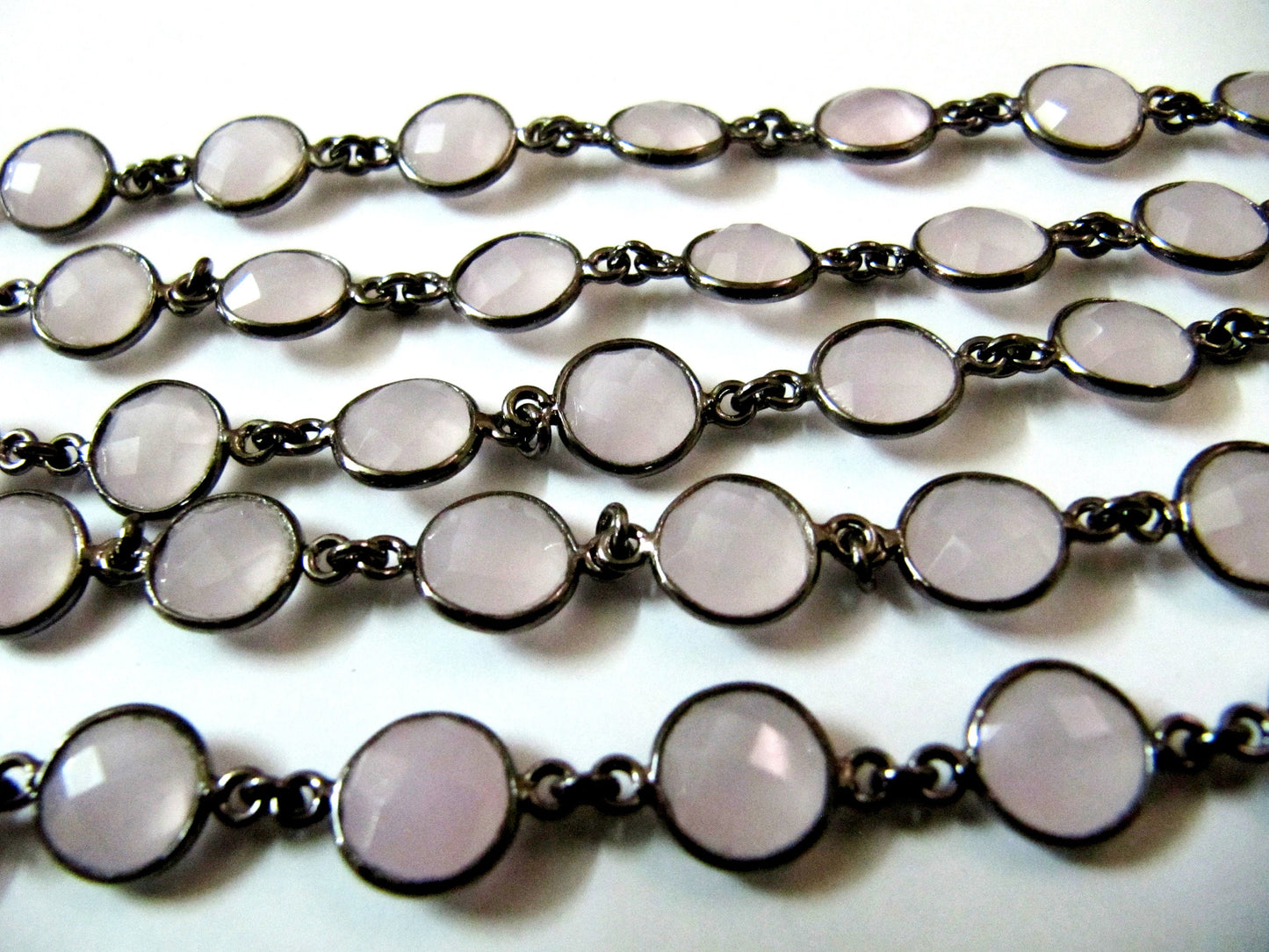 Natural Rose Quartz Coin Shape Briolette Faceted Bezel Connector Chain Sold Per Foot High Quality Gun Metal Finished Wholesale Prices