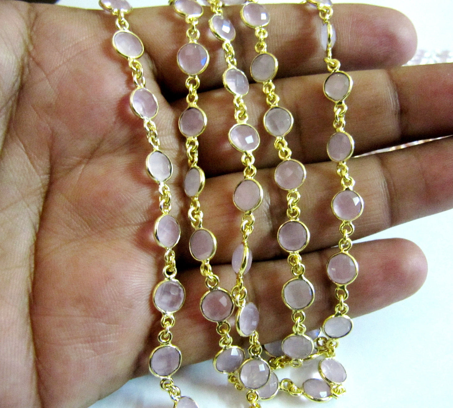 Natural Rose Quartz Coin Shape Briolette Faceted Bezel Connector Chain Sold Per Foot High Quality Handmade Gemstone Chains