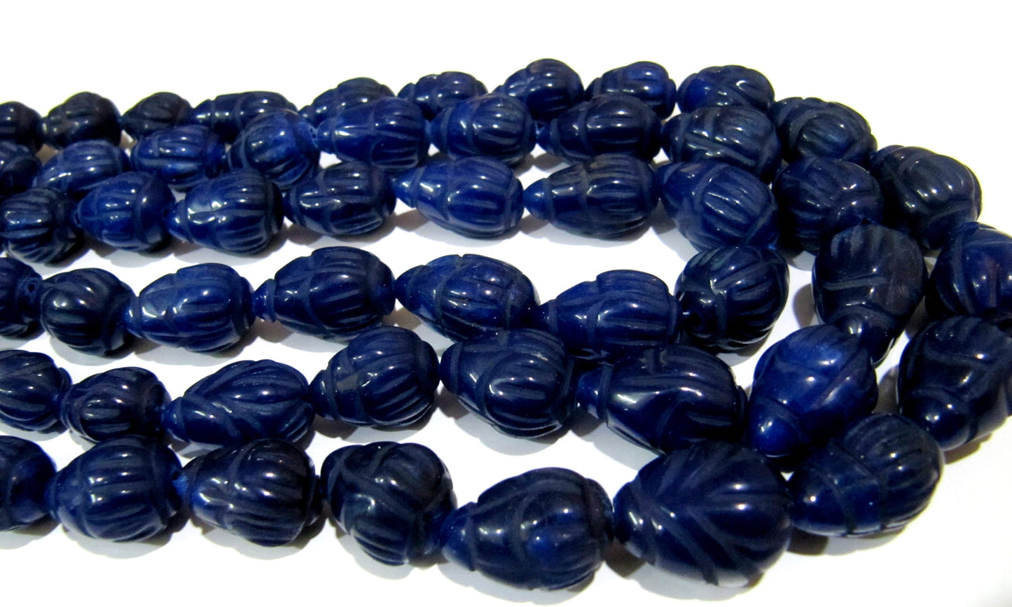 Sold Per 6 Loose Beads Best Quality Dyed Blue Sapphire Hand Carved Designer Size 10x14mm to 14x20mm Tear Drop Straight Drilled Beads