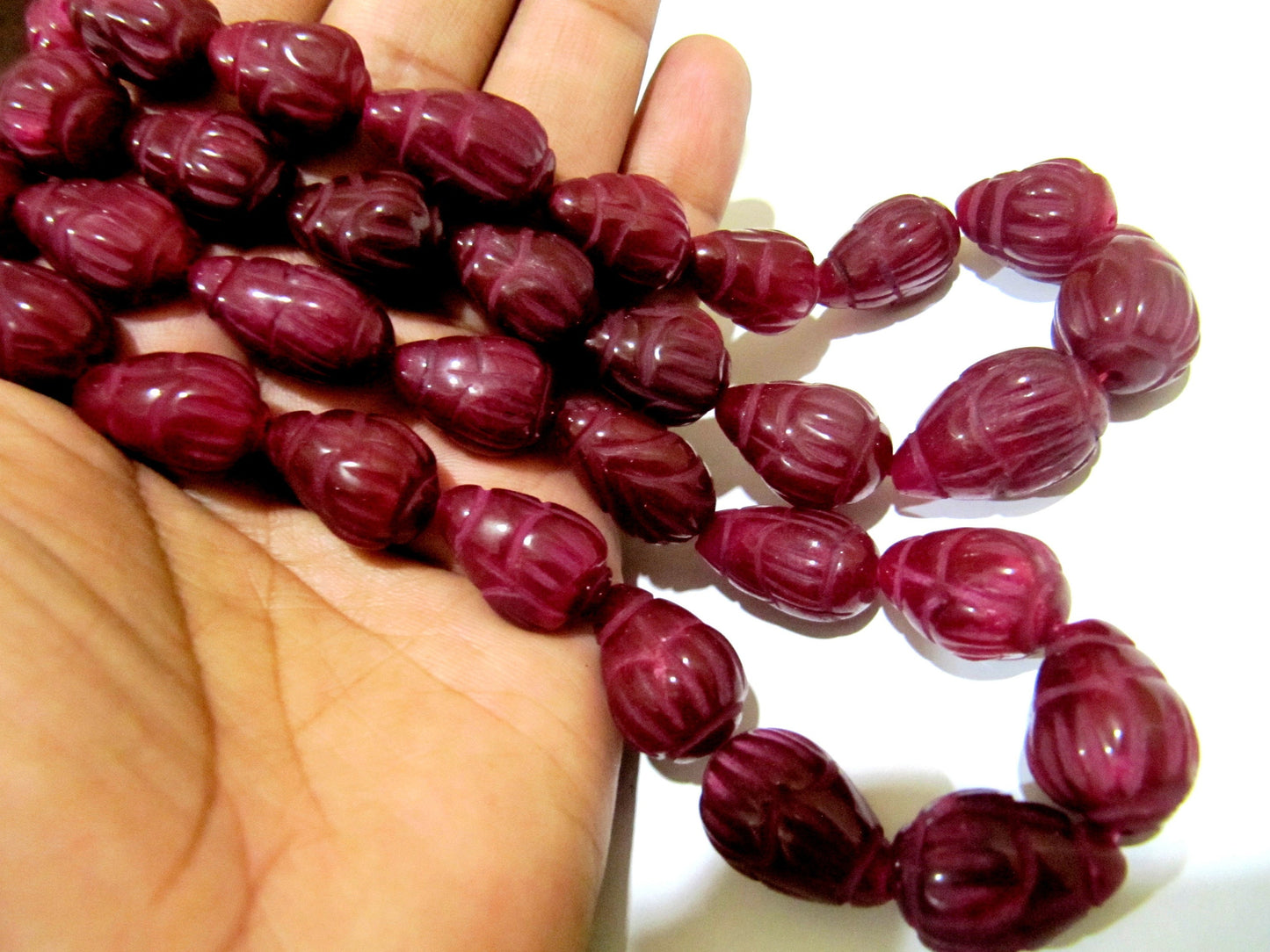 Best Quality Dyed Ruby Hand Carved Designer Size 10x14mm to 14x20mm Tear Drop Straight Drilled Beads sold per 6 beads