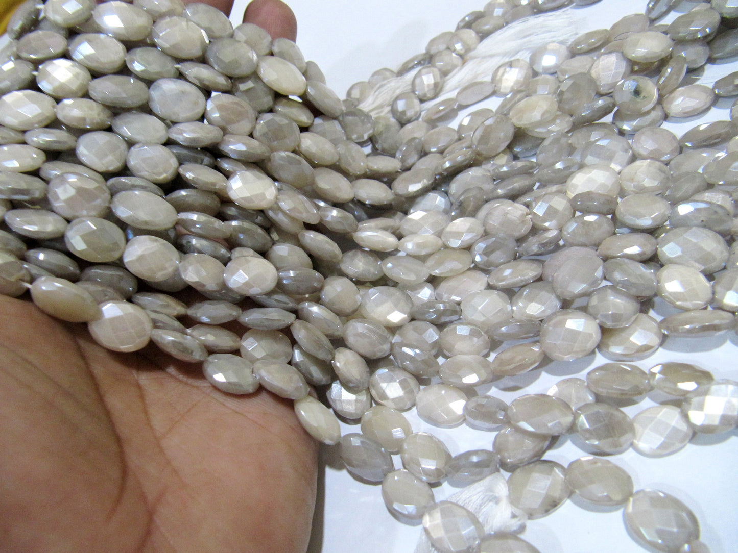 Natural Grey Moonstone Silver AB Mystic Coated Oval Shape Briolette Faceted Beads 7x10to8x12mm Strand 10 inch long High Quality Beads