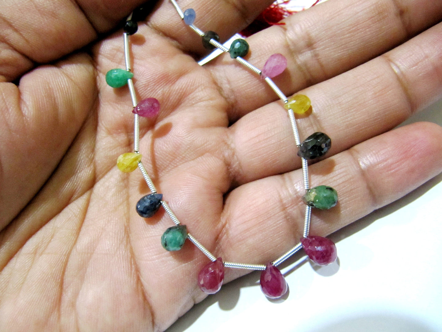 Natural Multi Precious Gemstone Ruby Emerald Sapphire faceted Briolette Size 4x6 to 6x9mm Teardrop Graduated beads BEST Quality strand 8inch