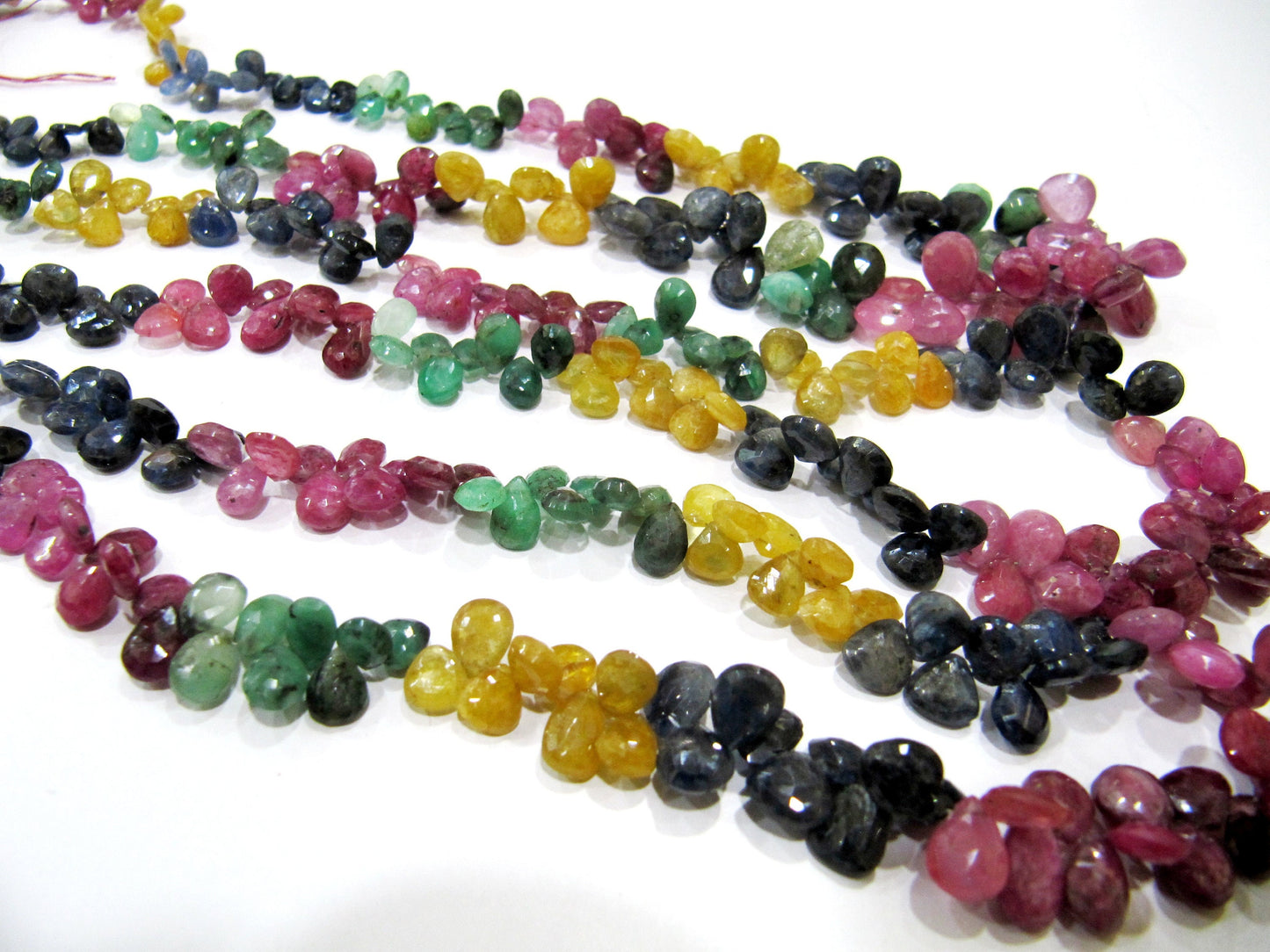 Natural Multi Precious Gemstone Ruby Emerald Sapphire faceted Briolette Size 5x7 to 7x9mm Pear Heart Shape Graduated Bead