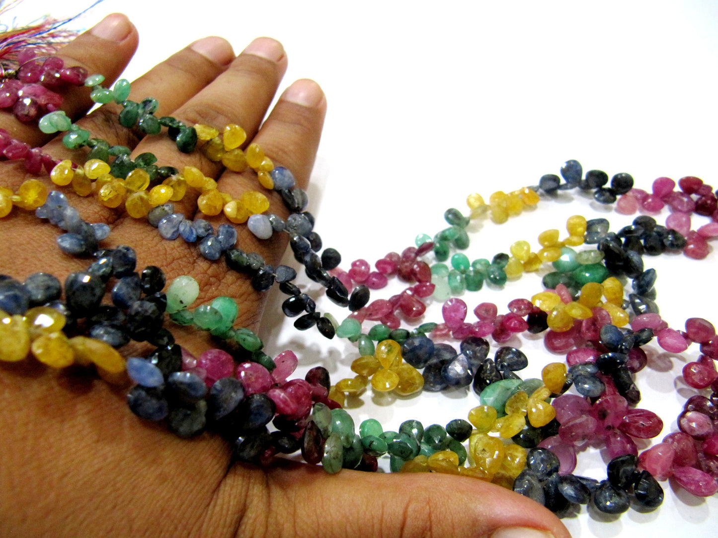Natural Multi Precious Gemstone Ruby Emerald Sapphire faceted Briolette Size 5x7 to 7x9mm Pear Heart Shape Graduated Bead