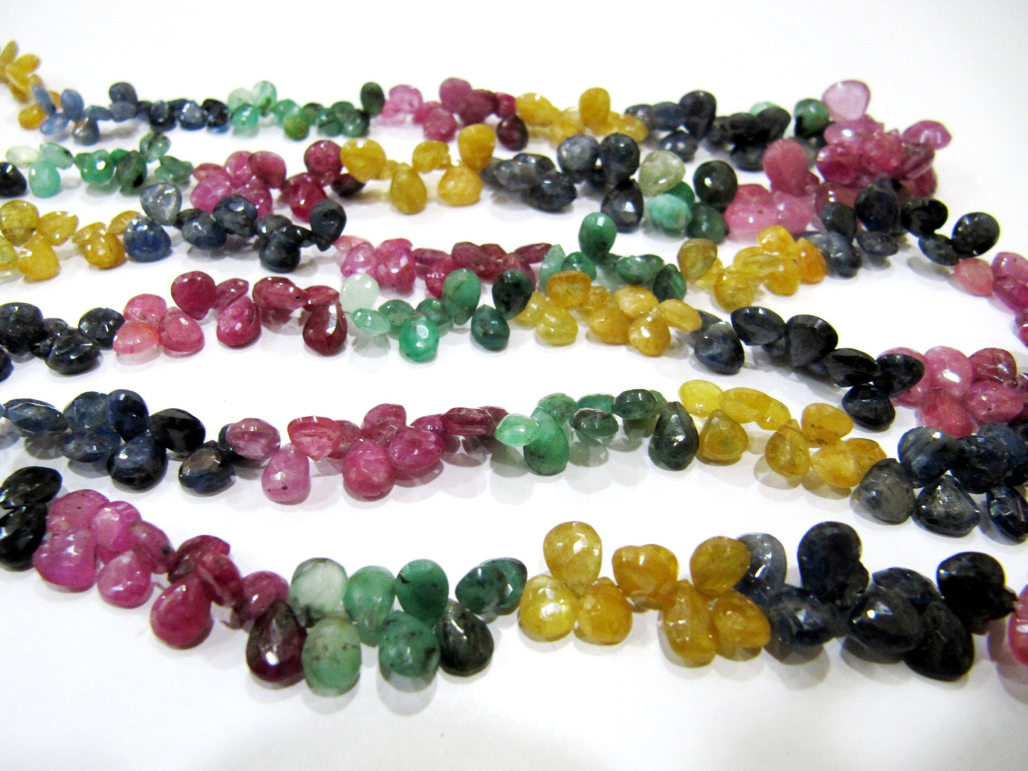 Natural Multi Precious Gemstone Ruby Emerald Sapphire faceted Briolette Size 5x7 to 7x9mm Pear Heart Shape Graduated Bead