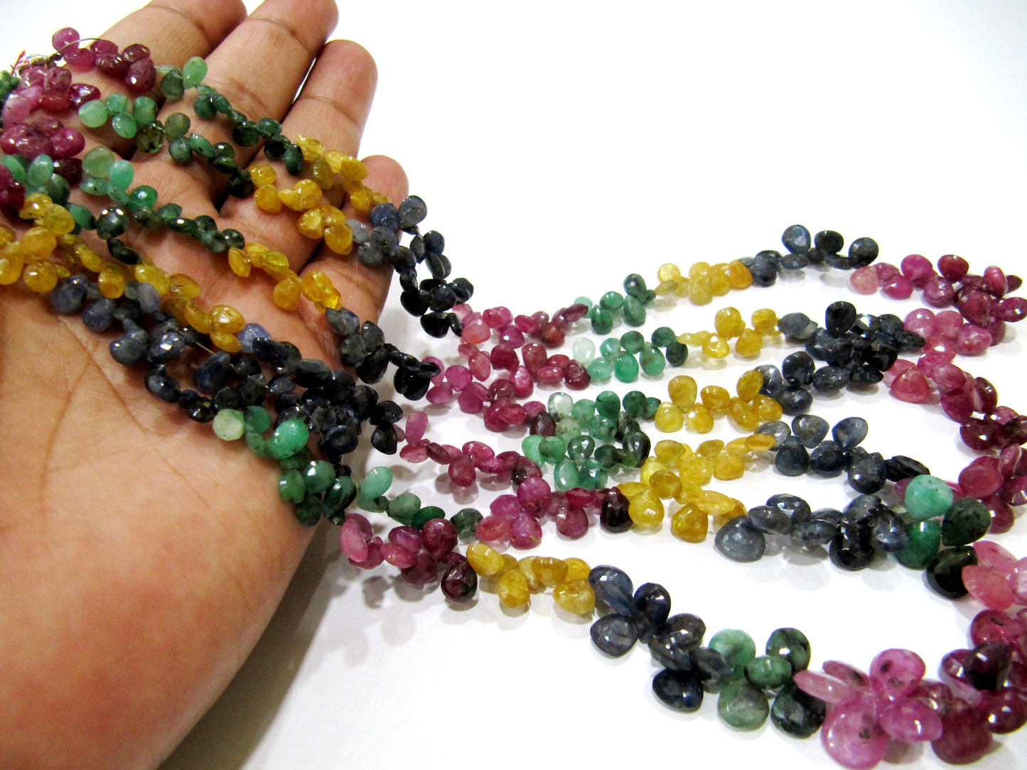 Natural Multi Precious Gemstone Ruby Emerald Sapphire faceted Briolette Size 5x7 to 7x9mm Pear Heart Shape Graduated Bead