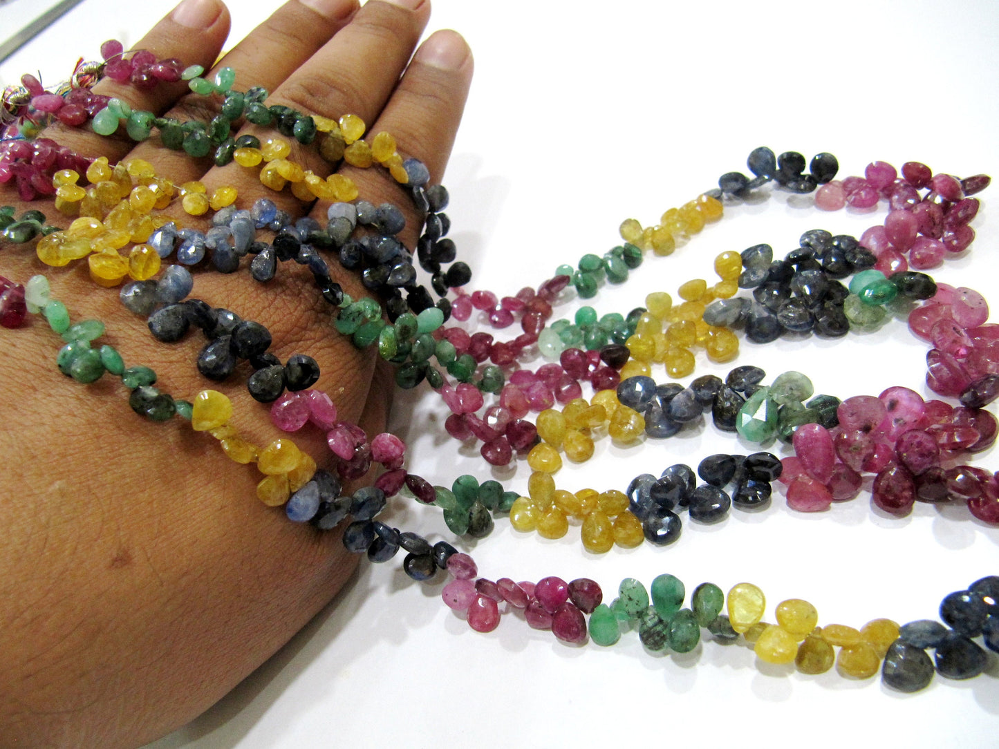 Natural Multi Precious Gemstone Ruby Emerald Sapphire faceted Briolette Size 5x7 to 7x9mm Pear Heart Shape Graduated Bead