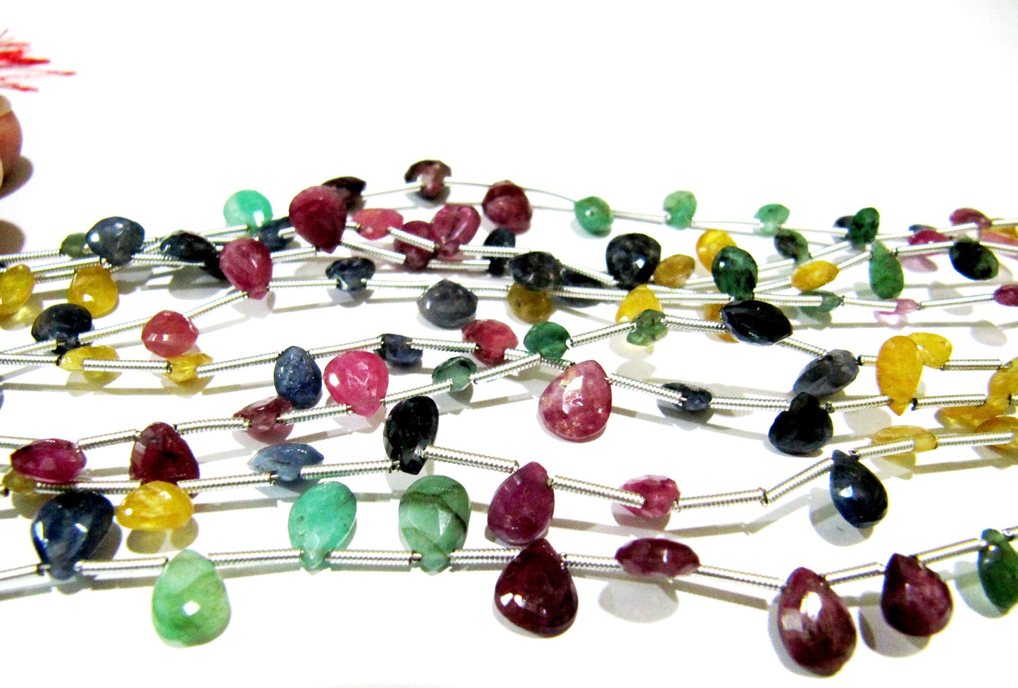 Natural Multi Precious Gemstone Ruby Emerald Sapphire faceted Briolette Size 5x7 to 7x9mm Pear Shape Graduated Bead Strand 8 inches