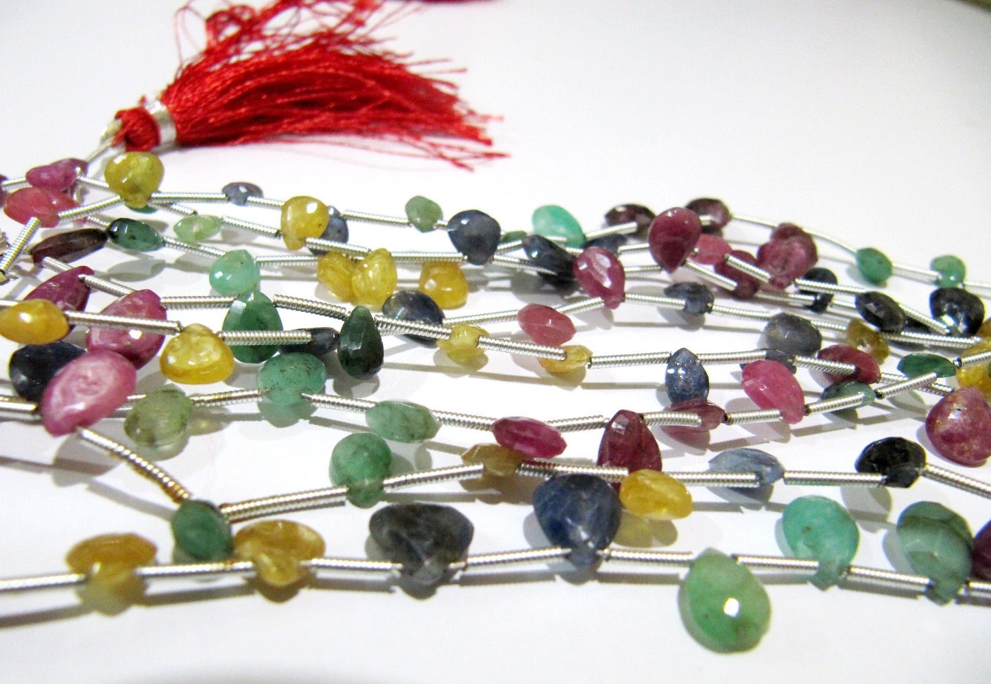 Natural Multi Precious Gemstone Ruby Emerald Sapphire faceted Briolette Size 5x7 to 7x9mm Pear Shape Graduated Bead Strand 8 inches