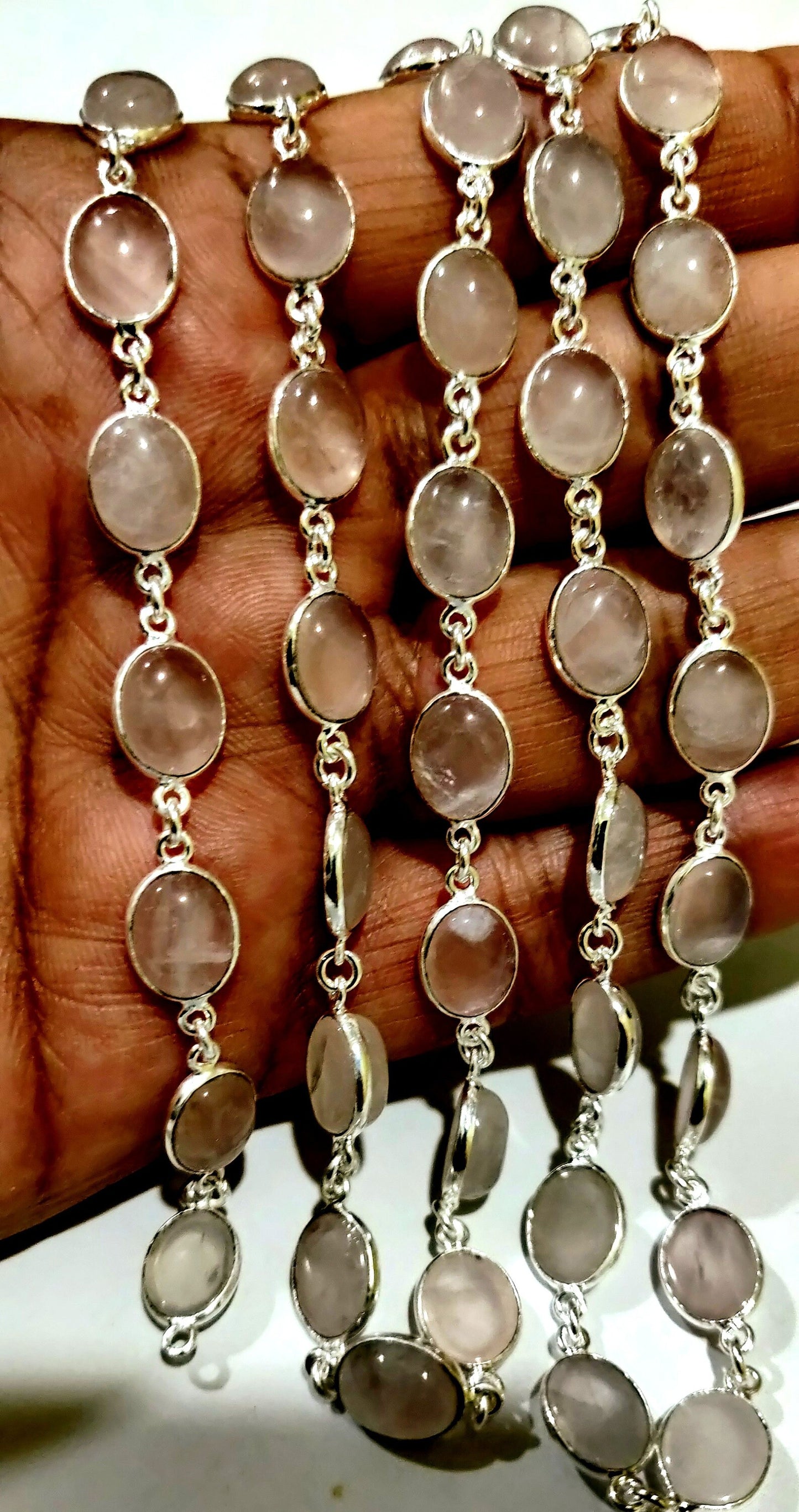 Natural Rose Quartz Oval Shape Cabochon Plain smooth Bezel 8X10mm to 9X12mm Connector Chain Gold/Black/Silver/Rose Plated Sold Per Foot