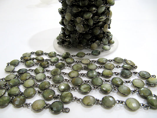 Natural Cat's Eye Round Coin Shape Briolette Bezel Connector Chain 10mm Size Gemstone bezel Chain Wholesale Prices sold per foot