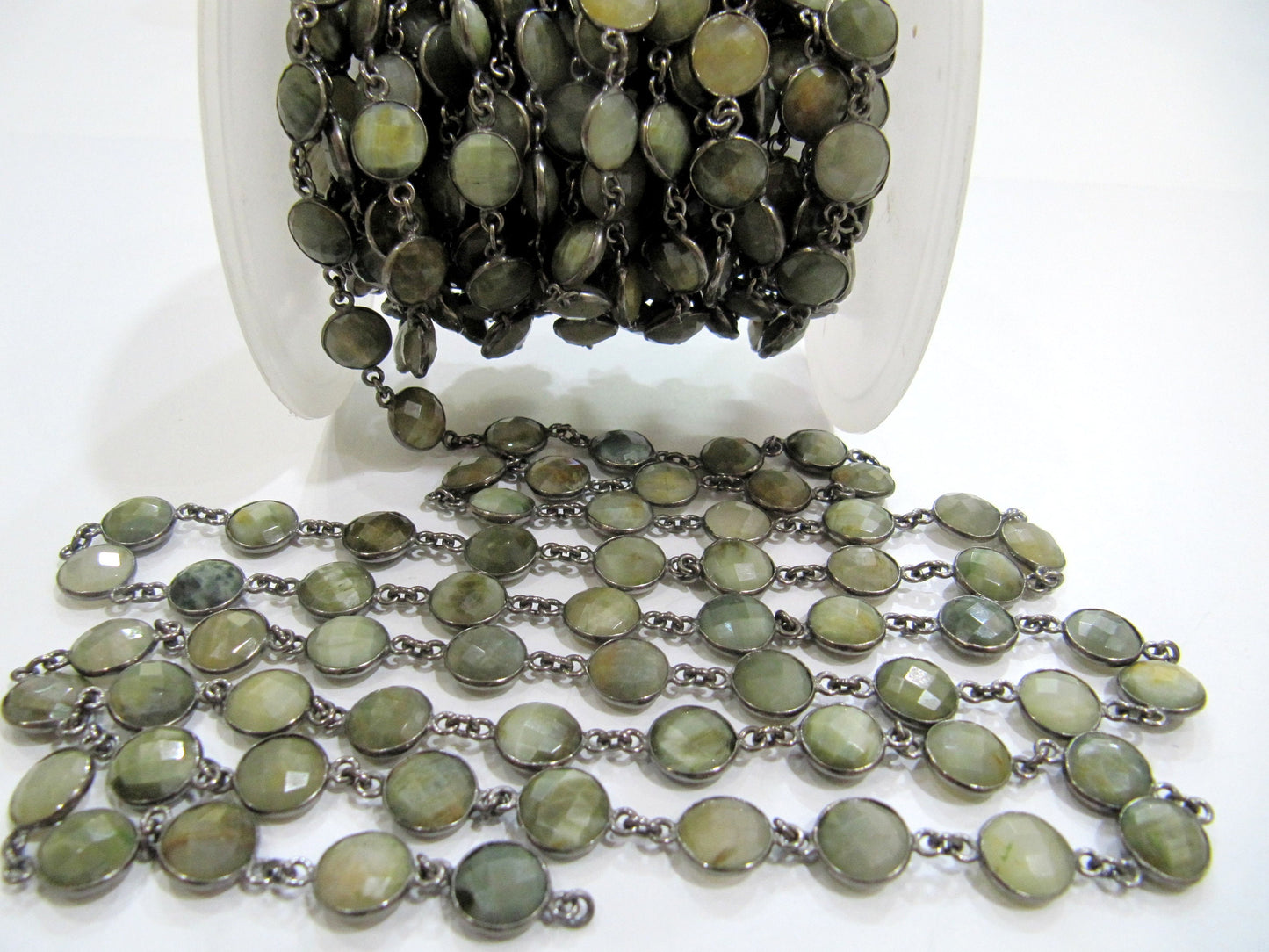 Natural Cat's Eye Round Coin Shape Briolette Bezel Connector Chain 10mm Size Gemstone bezel Chain Wholesale Prices sold per foot