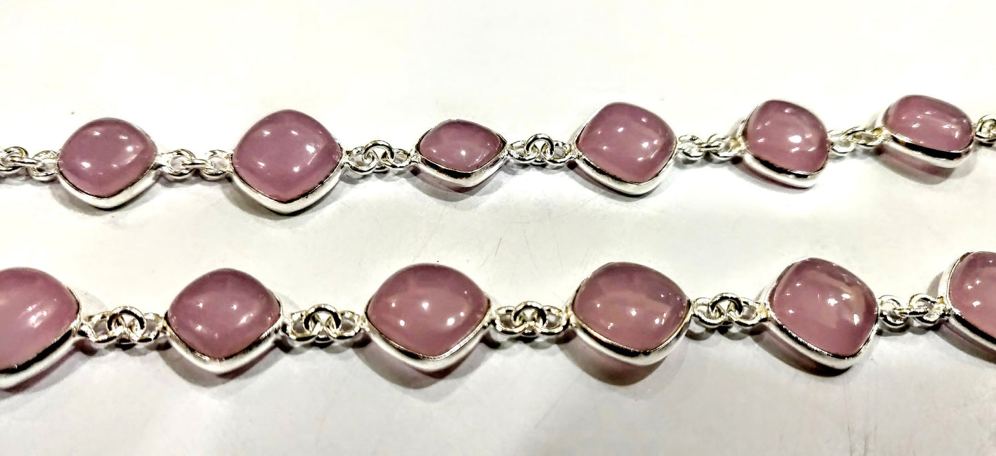Natural Pink Chalcedony Square Shape Plain Smooth Bezel Connector Chain 11mm Cabochons chain Sold Per Foot High Quality  Wholesale prices