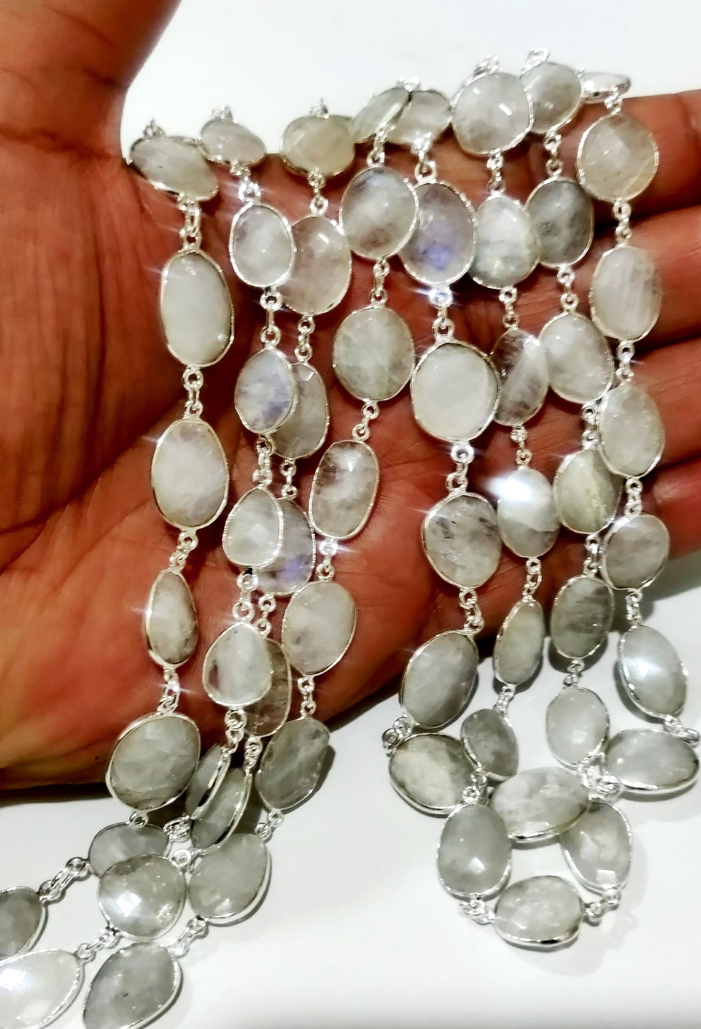 Natural White Rainbow Moonstone Uneven Shape Briolette Connector Chain 10 to 15mm Sold Per Foot Blue Flashy Gemstone Handmade Bezel Chain