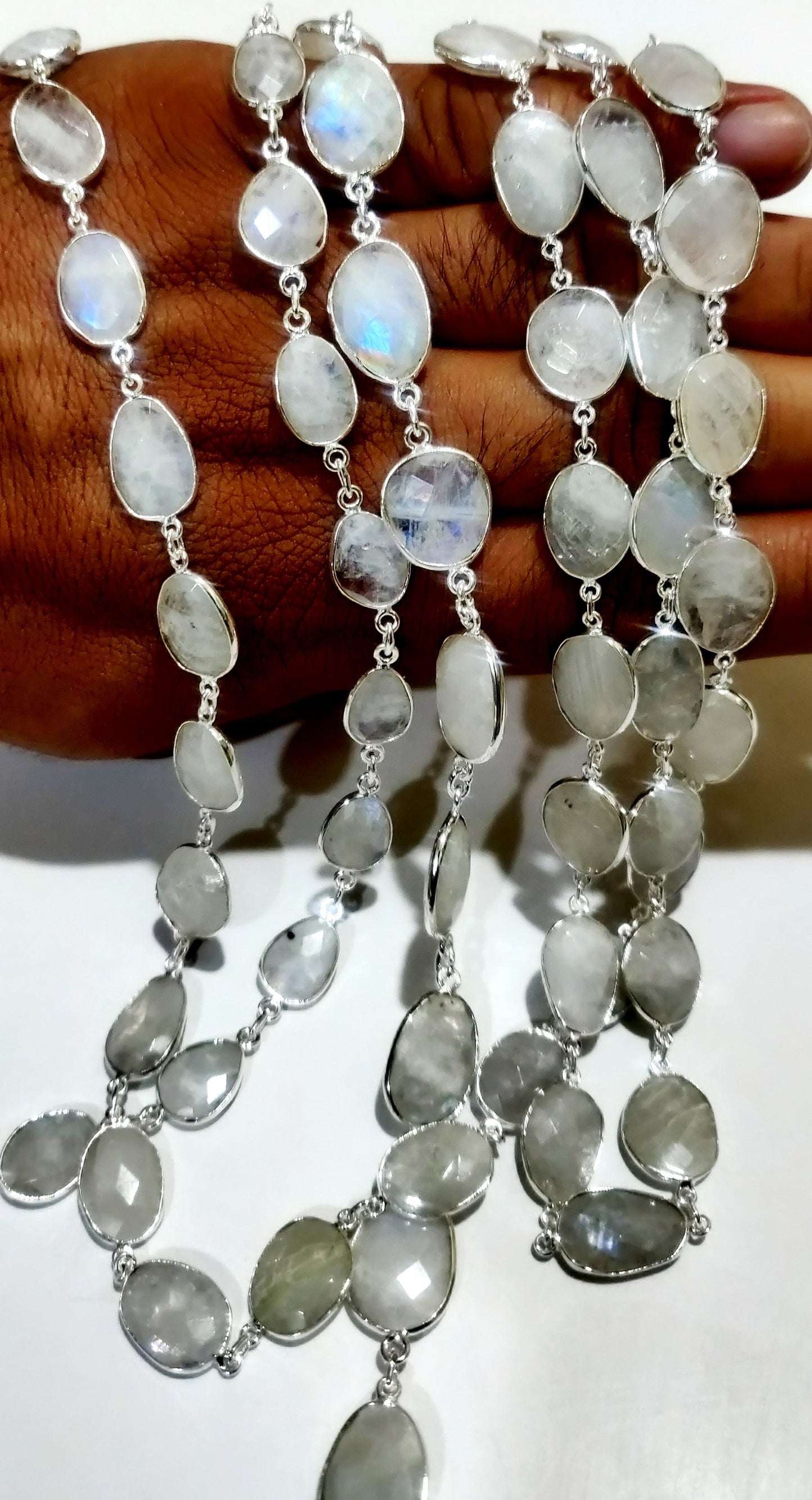 Natural White Rainbow Moonstone Uneven Shape Briolette Connector Chain 10 to 15mm Sold Per Foot Blue Flashy Gemstone Handmade Bezel Chain