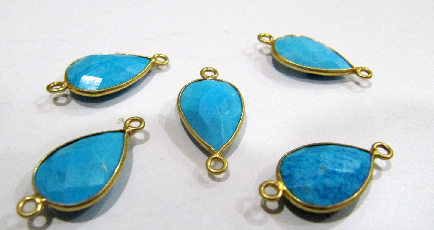 Set of 2pc - Natural and Genuine Turquoise Magnesite Pear Shape Briolette Connector Double Loop Size 11x16mm Semi Precious Gemstone Bezel