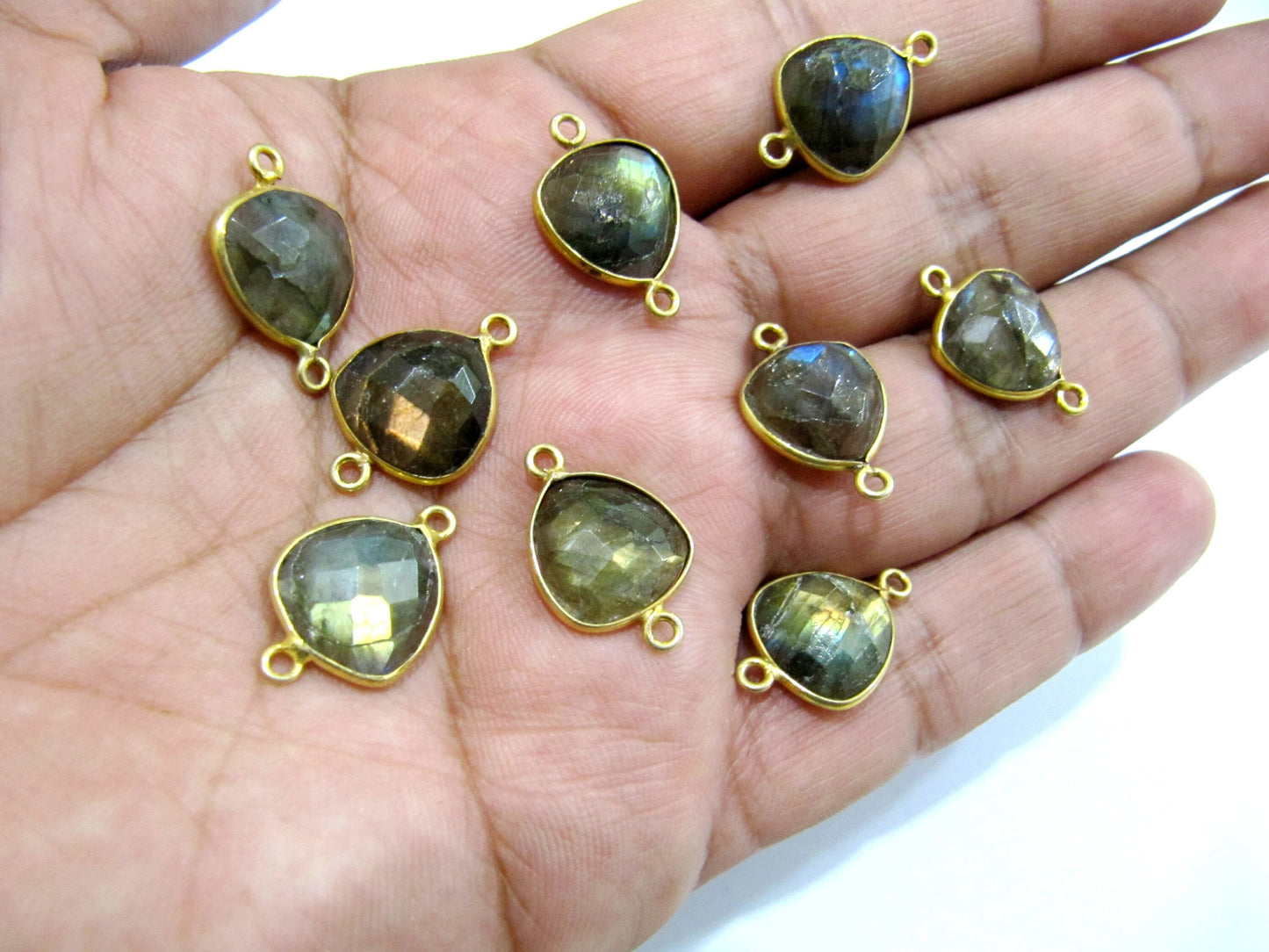 2 Pcs Set Natural Labradorite trillion cut Triangle Shape 14mm Briolette Connectors Gray Double Loop Bezel Jewelry Making Bezel Connectors