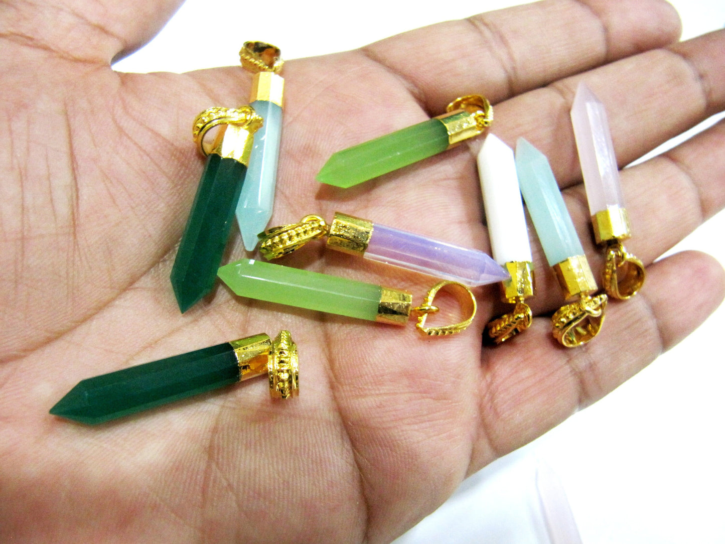 Mix Color Gemstone Faceted Pencil Shape Pointed Charm Pendant 30 to 40mm Long Gold Electroplated with Designer Loop Choose the Color