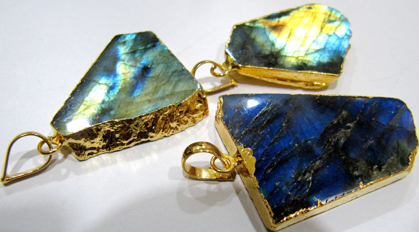 Natural Labradorite Slice Pendant Free Form Charm With Gold Electroplated Edge , Single Loop Connector 1 inch approximately