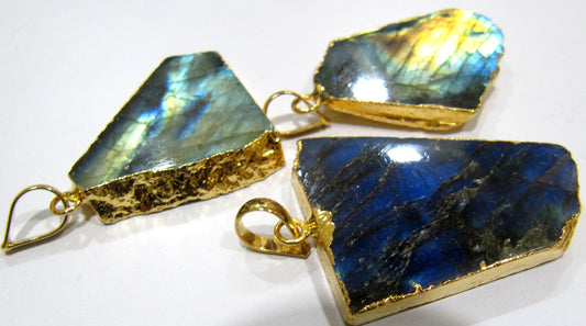 Natural Labradorite Slice Pendant Free Form Charm With Gold Electroplated Edge , Single Loop Connector 1 inch approximately