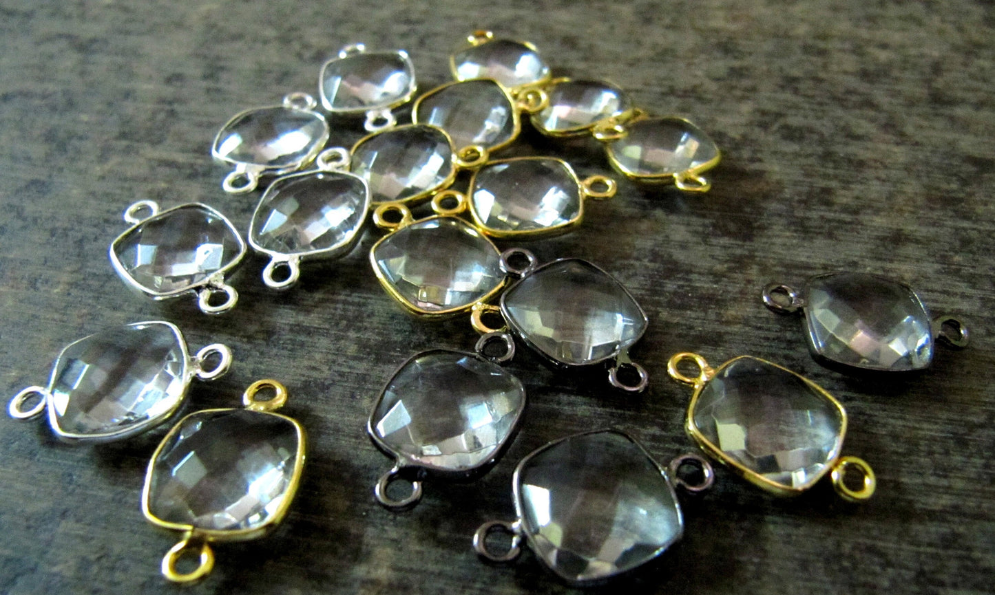 Natural Rock Crystal Quartz Cushion Square Shape 10mm Briolette Double Loop Bezel Connector Charms Choose the plating Sold per Piece