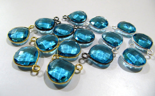 Blue Topaz Quartz Briolette Heart Shape 12mm Single Loop Bezel Connectors Charms For Jewelry Making Choose The Plating color sold per piece