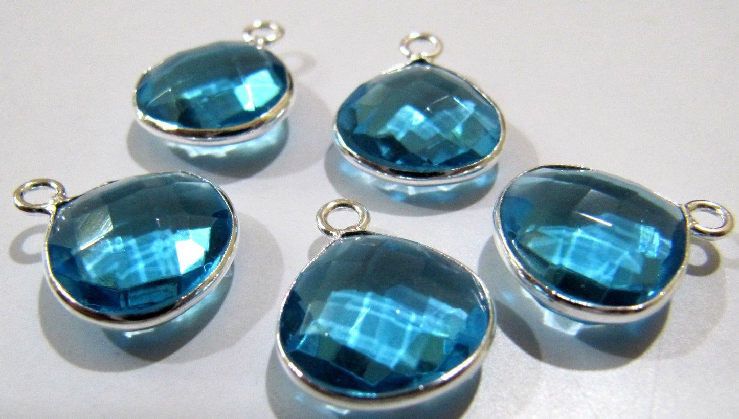 Blue Topaz Quartz Briolette Heart Shape 12mm Single Loop Bezel Connectors Charms For Jewelry Making Choose The Plating color sold per piece