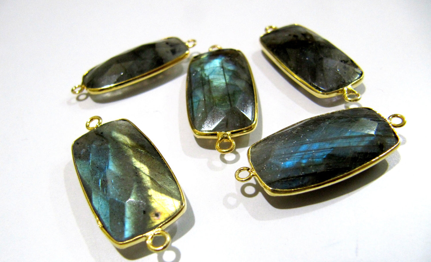 2 Pcs Set Natural Labradorite Rectangle Shape 13x25mm Briolette Connectors Blue Flashy Gemstone Double Loop Bezel Charms