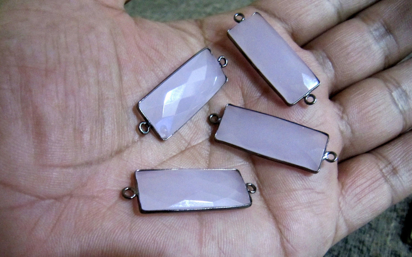 2 Pcs Set Pink Chalcedony Baguette Shape Double Loop Briolette Bezel 30x12mm approximately Connector Handmade Bezel Charms