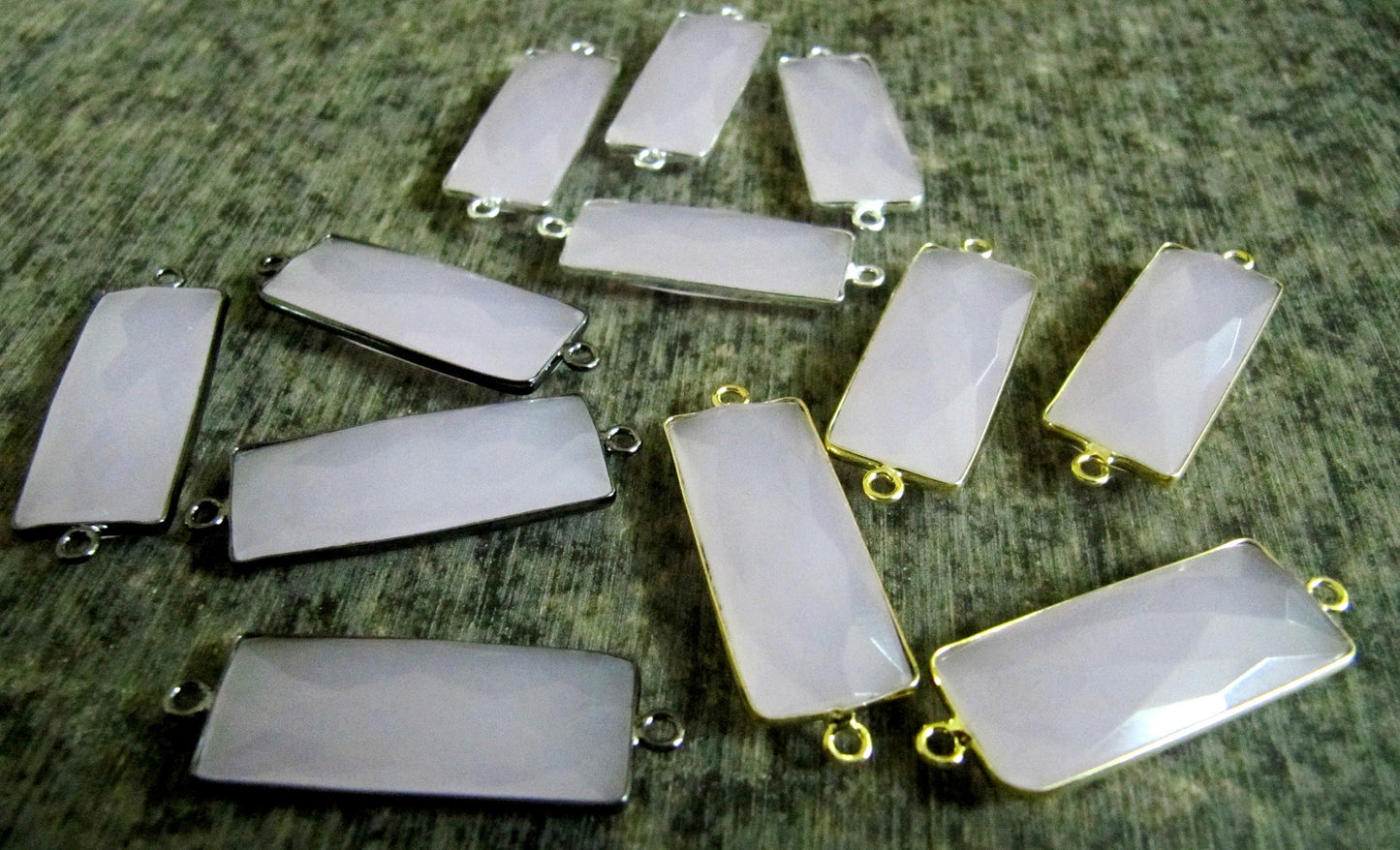 2 Pcs Set Pink Chalcedony Baguette Shape Double Loop Briolette Bezel 30x12mm approximately Connector Handmade Bezel Charms